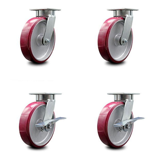 8 Inch Kingpinless Poly on Aluminum Wheel Swivel Caster Set with 2 Brakes SCC